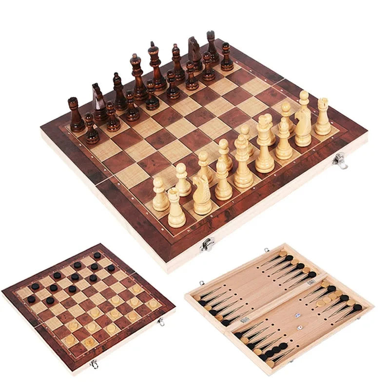 3-in-1 Board Party Table Games Set - Chess, Checkers, and Backgammon