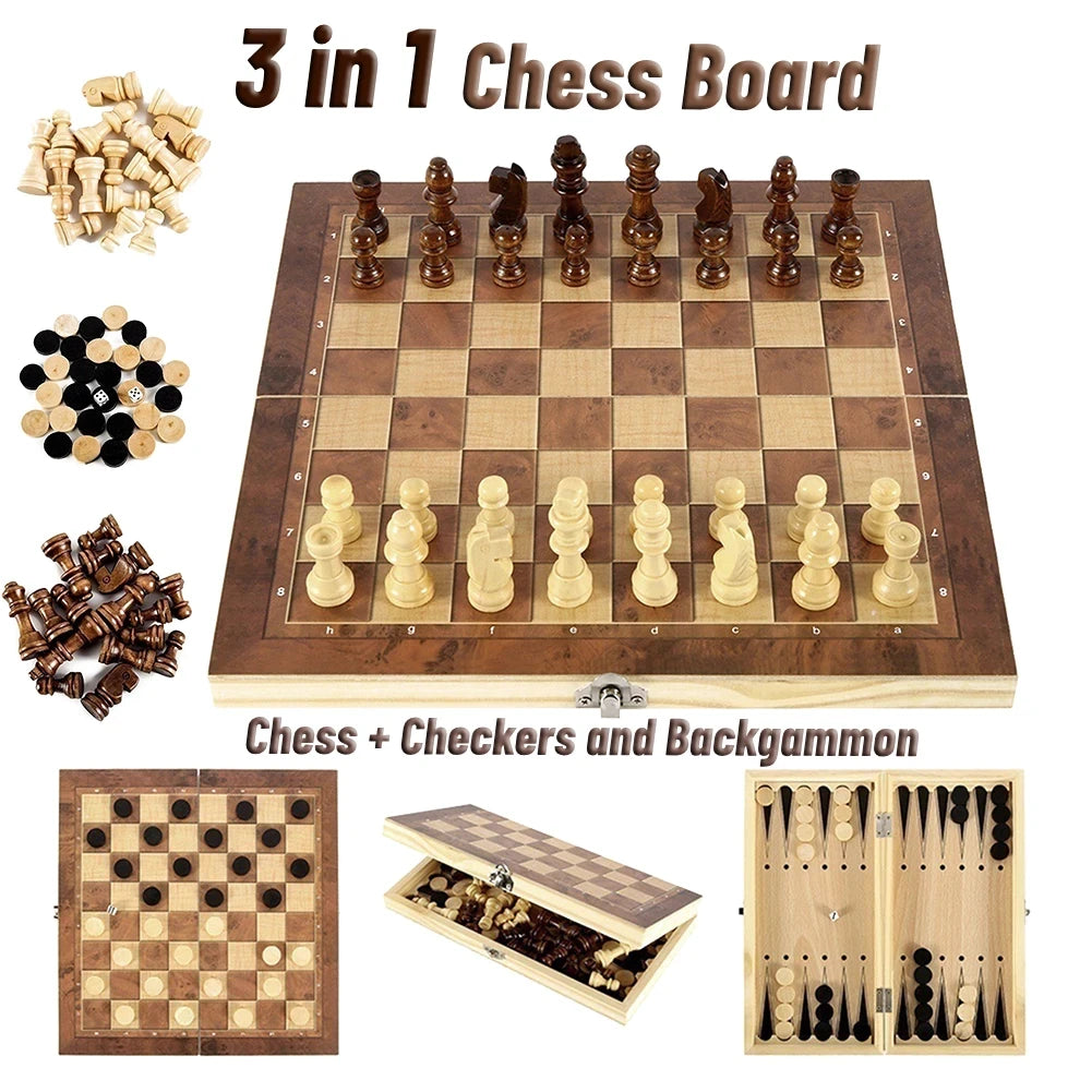 3-in-1 Board Party Table Games Set - Chess, Checkers, and Backgammon